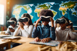Gruppe von Kindern mit virtueller Brille im Klassenzimmer mit kartengenerativer KI