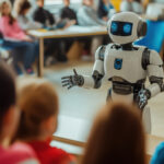 Ein humanoider Roboter steht inmitten eines Klassenzimmers, umgeben von Kindern.