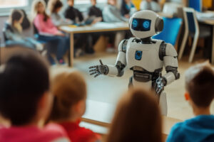 Ein humanoider Roboter steht inmitten eines Klassenzimmers, umgeben von Kindern.