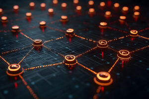 Ein orange leuchtendes Netzwerk verbindet unterschiedlich platzierte Punkte miteinander.