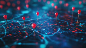 Nahaufnahme einer Karte mit roten Stecknadeln.