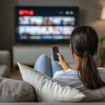 Eine Frau sitzt vor einem Fernseher, auf dem die Netflix-Bibliothek zu sehen ist.