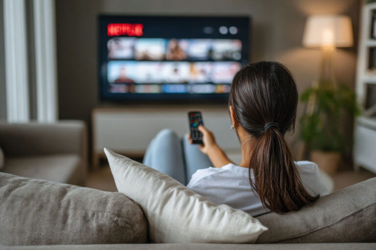 Eine Frau sitzt vor einem Fernseher, auf dem die Netflix-Bibliothek zu sehen ist.