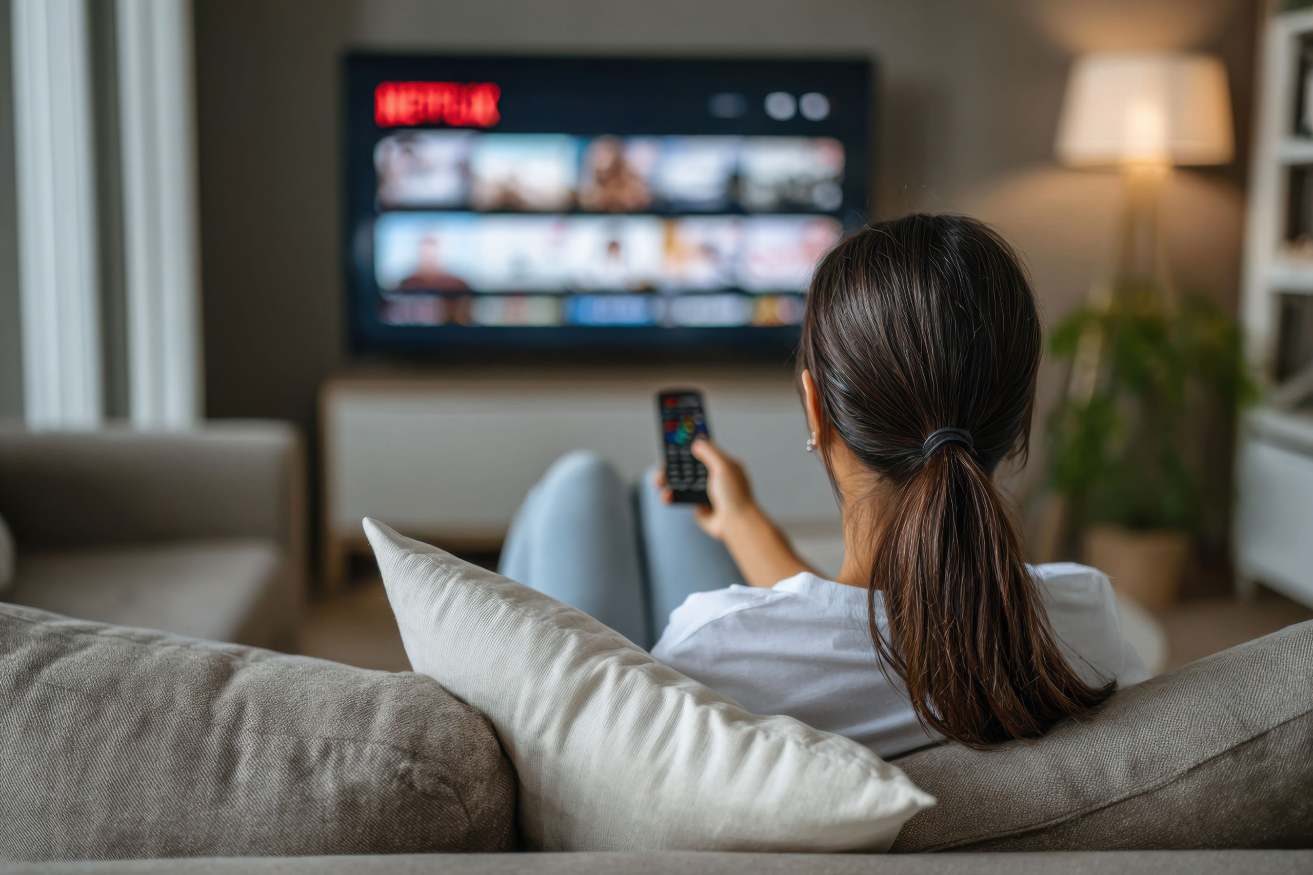 Eine Frau sitzt vor einem Fernseher, auf dem die Netflix-Bibliothek zu sehen ist.