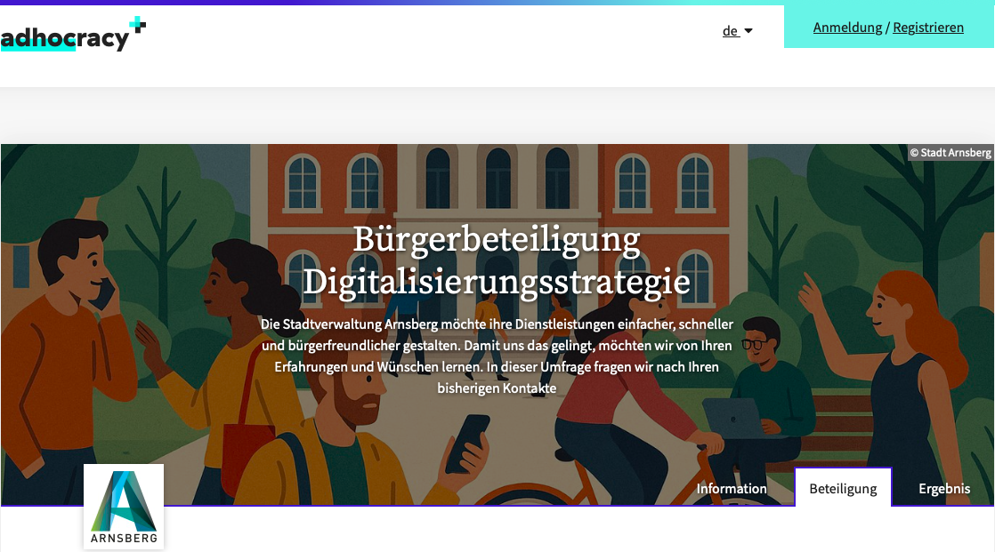 Screenshot der Startseite zur Onlineumfrage in Arnsberg.