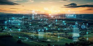 Panoramablick auf eine Stadt, die mit digitalen Informationen vernetzt ist.