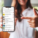 Eine Frau präsentiert ein Smartphone, auf dem die Karlsruhe.App genutzt wird.