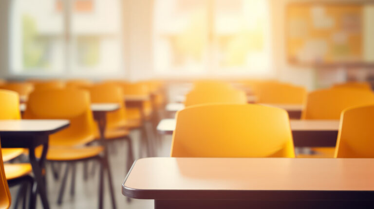 Leerer Klassenraum, freundliche Atmosphäre, Blick über Stuhlreihen und Tische.