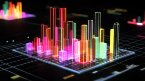 Dunkel gestaltetes D-Balkendiagramm mit neonfarbenen Balken und digitalem Raster als Basis, das eine futuristische Ästhetik der Datenvisualisierung widerspiegelt.
