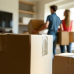 Ein Paar trägt Kartons durch ein Zimmer, in dem zahlreiche Umzugskartons zu sehen sind.