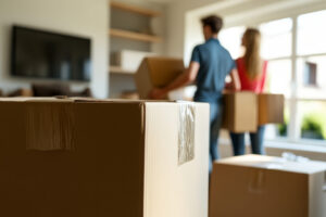 Ein Paar trägt Kartons durch ein Zimmer, in dem zahlreiche Umzugskartons zu sehen sind.