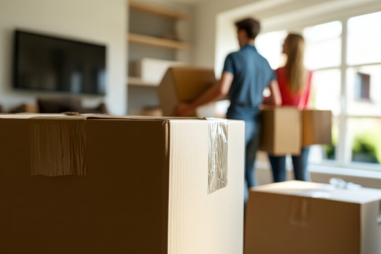 Ein Paar trägt Kartons durch ein Zimmer, in dem zahlreiche Umzugskartons zu sehen sind.