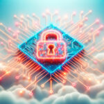 KI-Montage mit Wolken, Schloss-Symbol und Platinen-Struktur