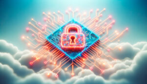 KI-Montage mit Wolken, Schloss-Symbol und Platinen-Struktur