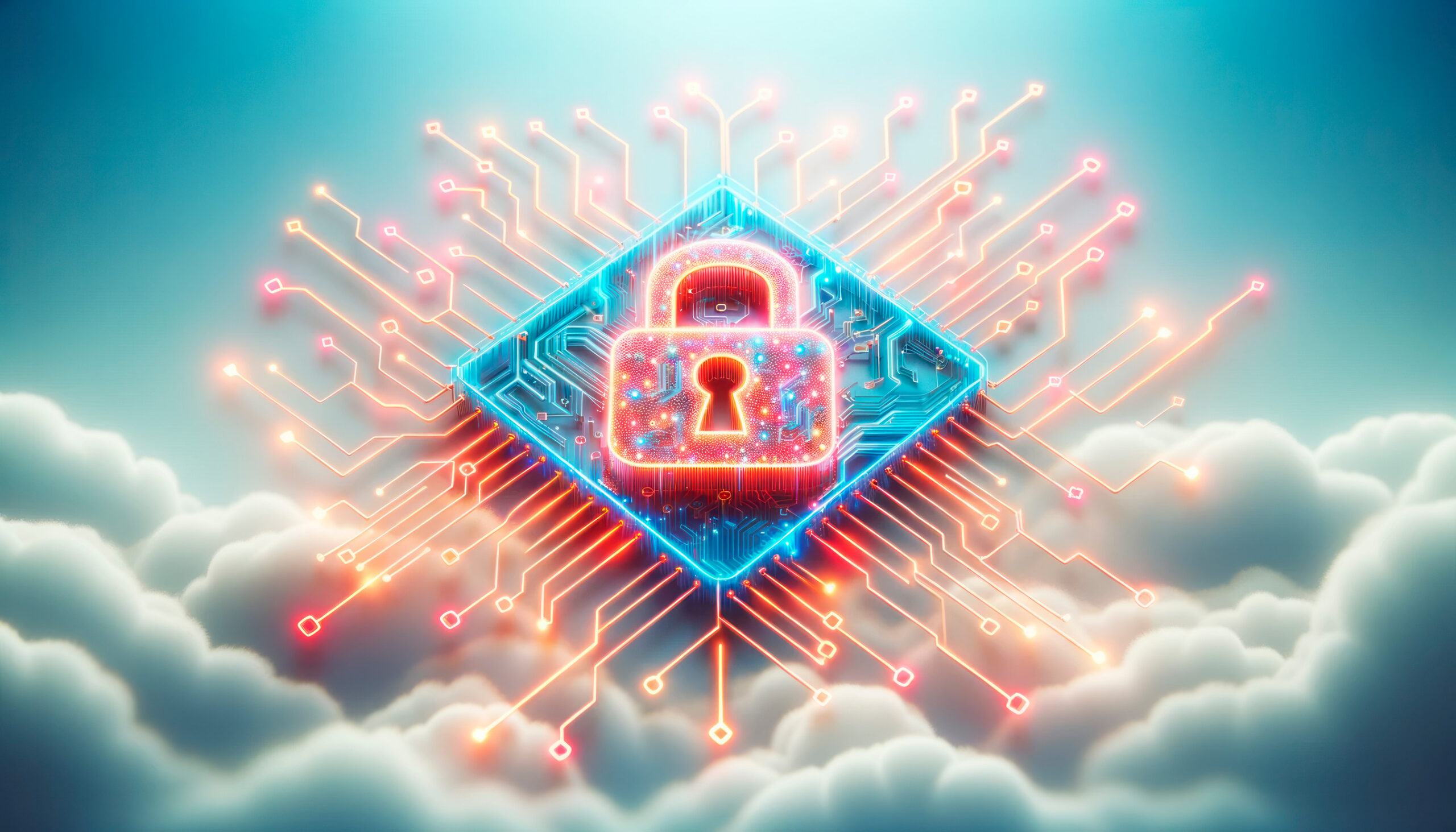 KI-Montage mit Wolken, Schloss-Symbol und Platinen-Struktur