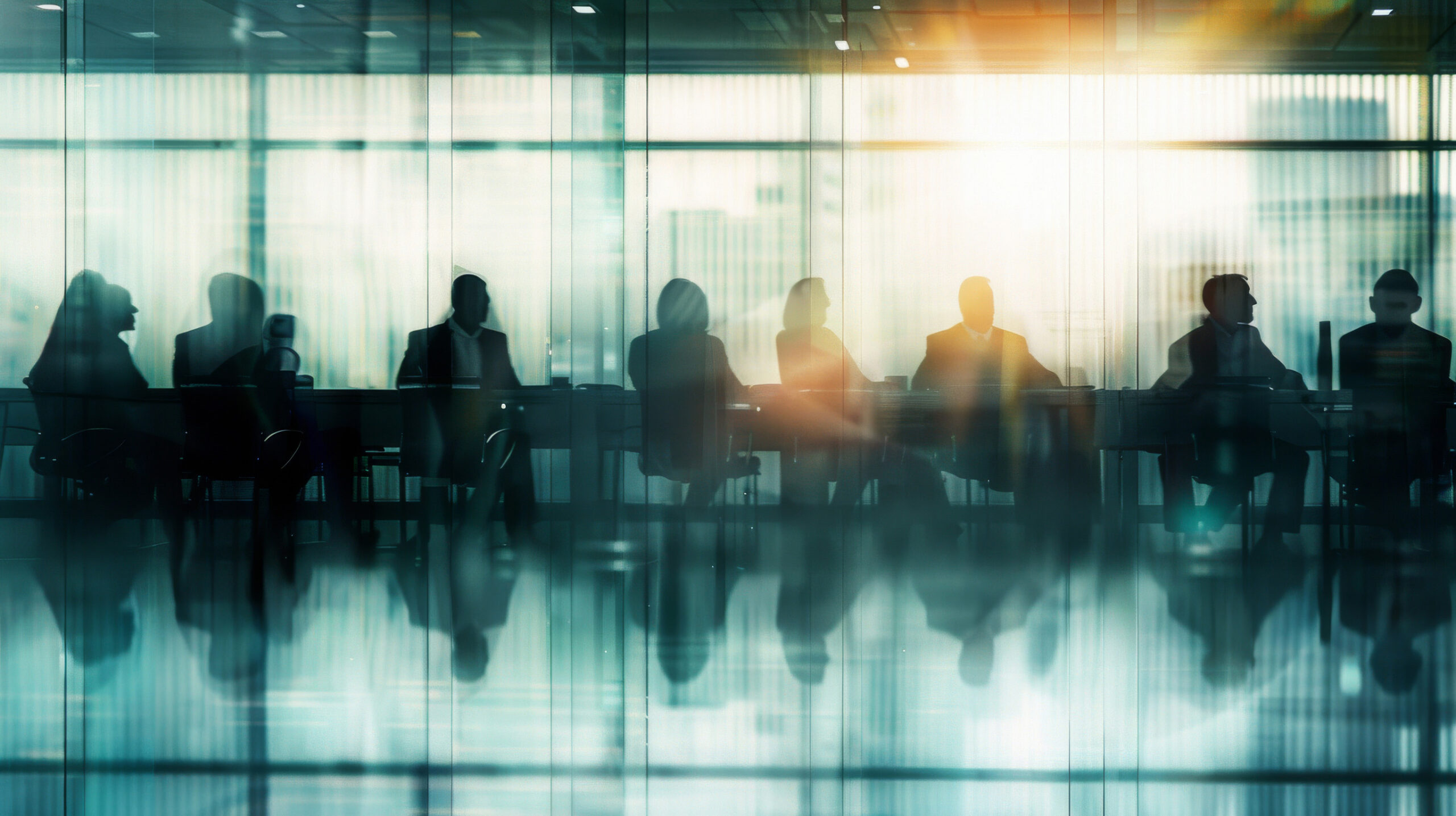 Abstrakte Darstellung eines Besprechungsraums in dem die Silhouetten mehrerer Personen zu sehen sind, die an einem Besprechungstisch sitzen.