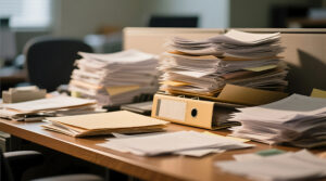 Ein Bürotisch ist komplett von unterschiedlichen Stapeln an Dokumenten bedeckt.
