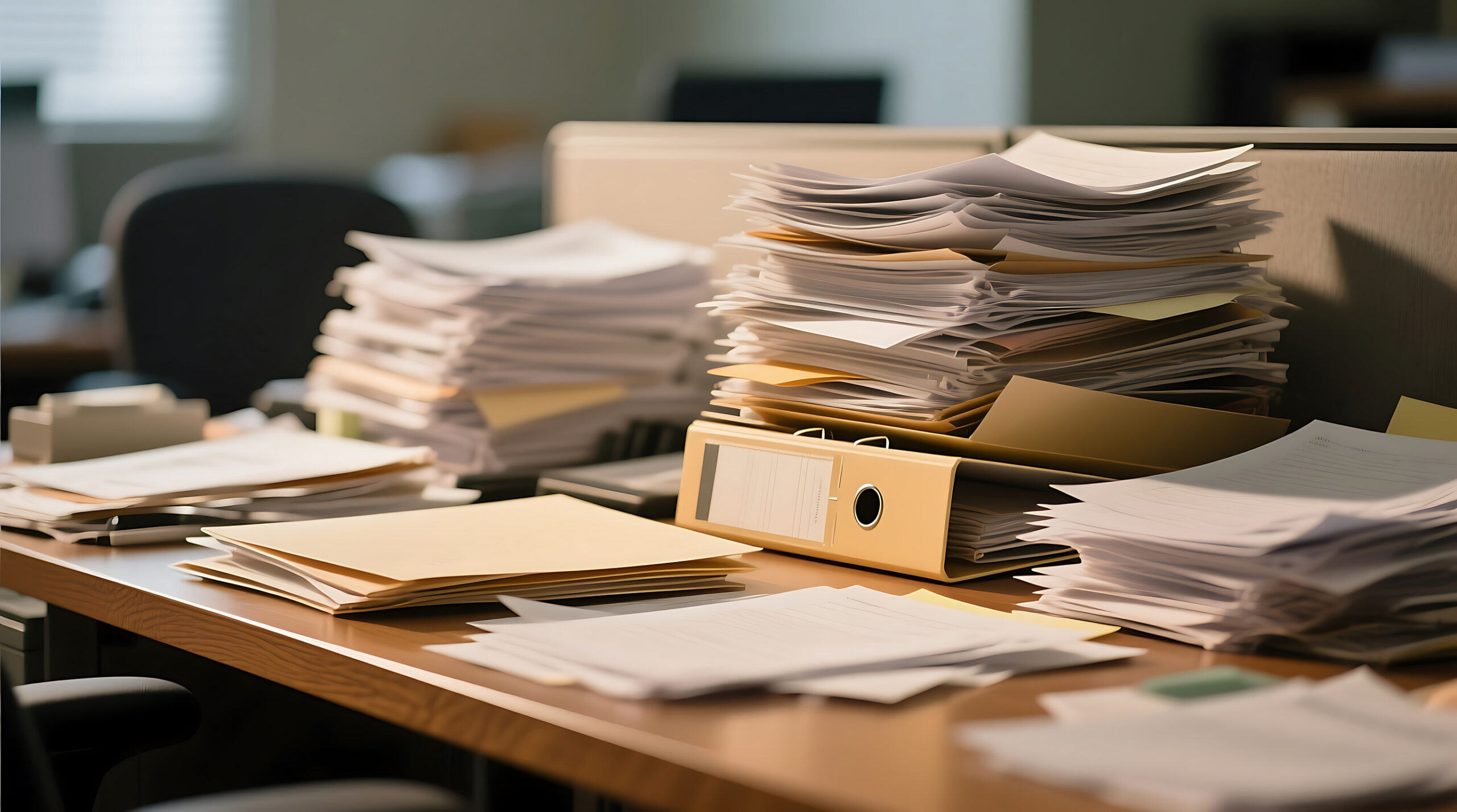 Ein Bürotisch ist komplett von unterschiedlichen Stapeln an Dokumenten bedeckt.