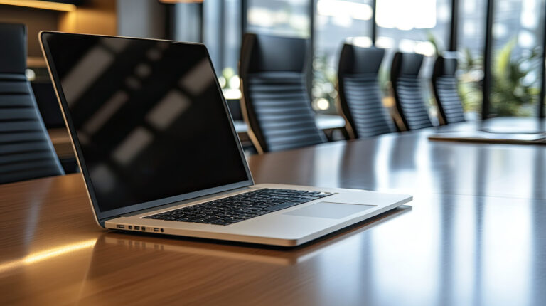 Ein aufgeklappter Laptop steht auf einem Besprechungstisch.