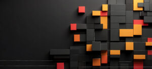 Abstraktes 3d_rendering von schwarzen, Roten und gelben Bausteinen