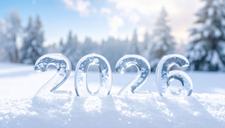Zahl 2026 im Schnee, im Hintergrund schneebedeckte Tannen