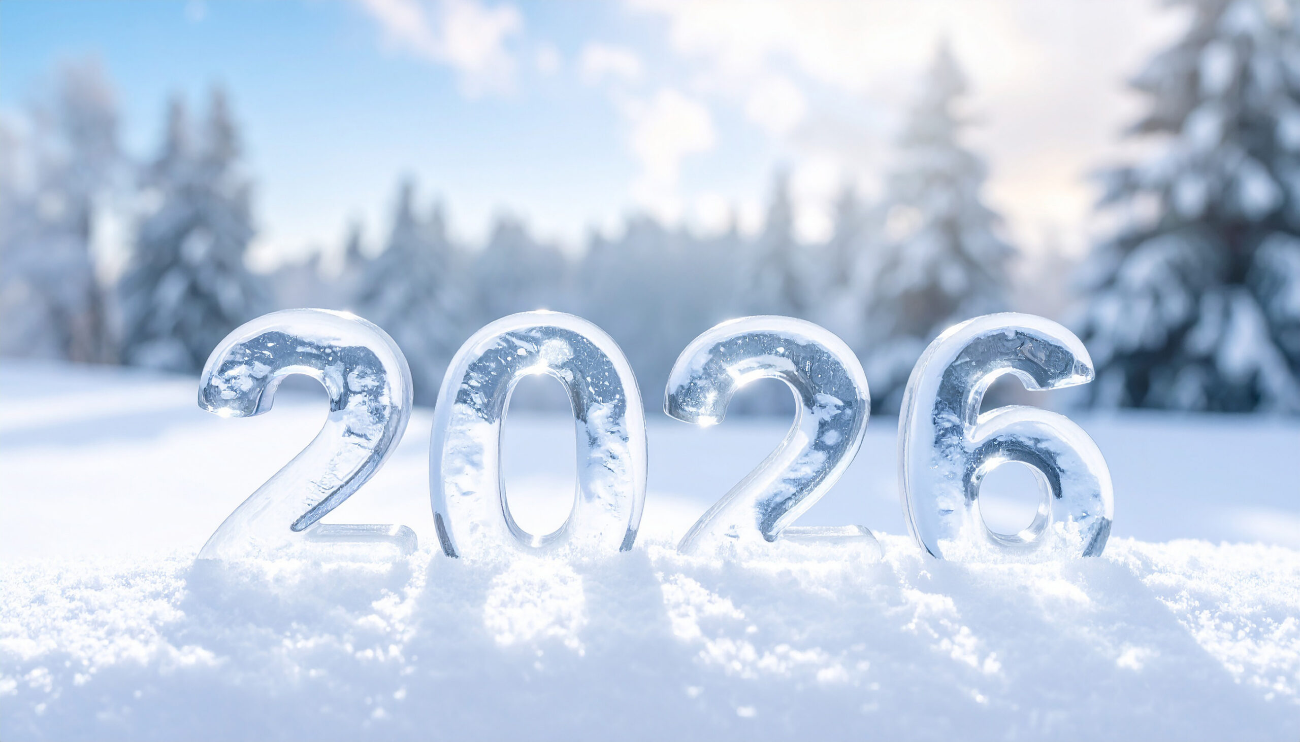 Zahl 2026 im Schnee, im Hintergrund schneebedeckte Tannen
