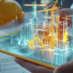 Eine digital dargestellte Baustelle steht auf einem Tablet, das eine Person in der Hand hält, im Hintergrund ist ein Bauhelm zu sehen.