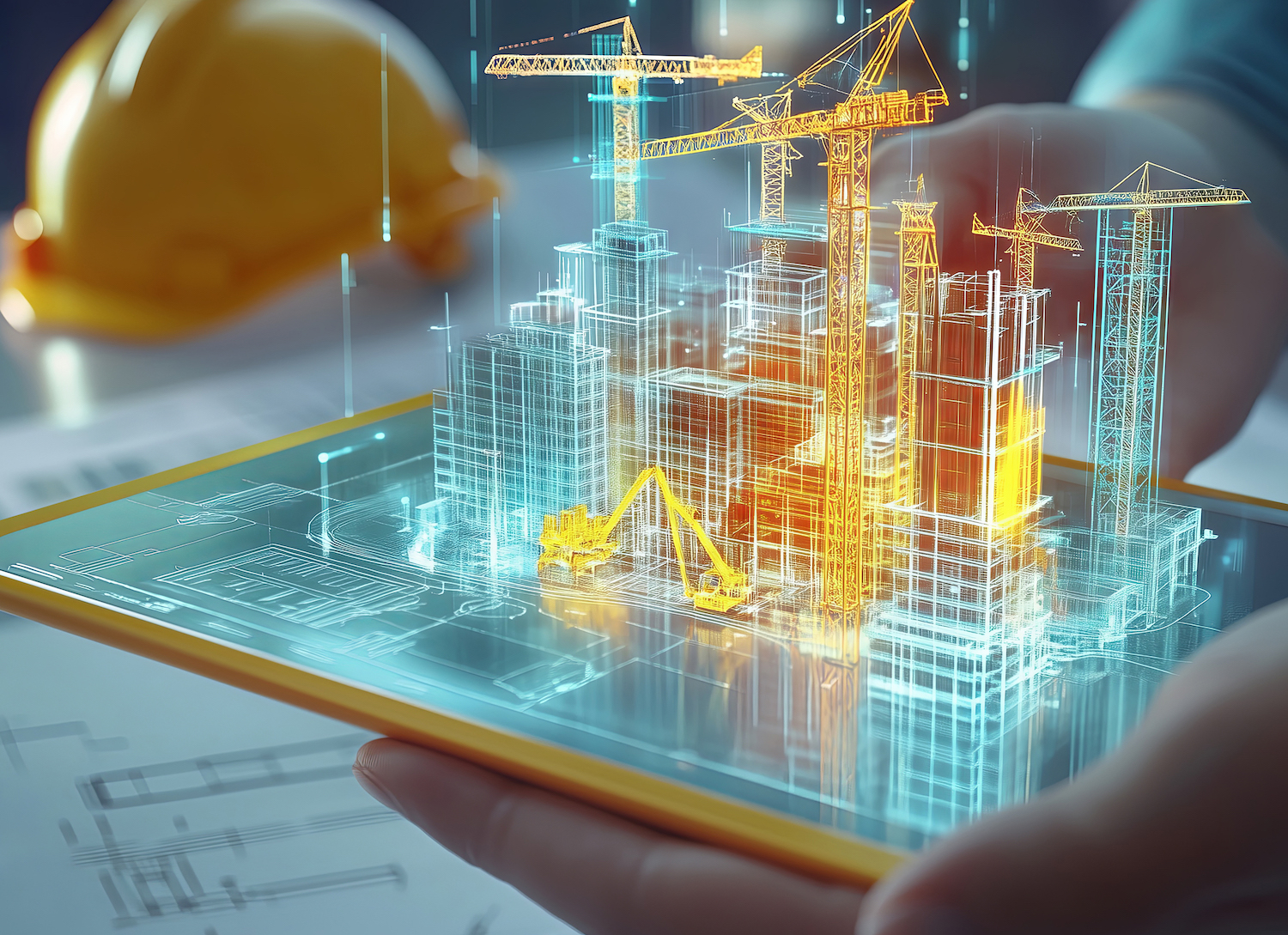 Eine digital dargestellte Baustelle steht auf einem Tablet, das eine Person in der Hand hält, im Hintergrund ist ein Bauhelm zu sehen.