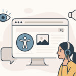 Vektorgrafik mit Desktopbildschirm und unterschiedlichen Symbolen für barrierefreie digitalen Angebote.