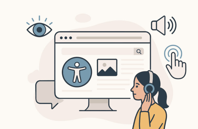 Vektorgrafik mit Desktopbildschirm und unterschiedlichen Symbolen für barrierefreie digitalen Angebote.