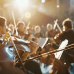 Blick von der Seite auf ein Orchester.