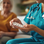 Eine Pflegekraft hält ein Tablettenblister für eine ältere Dame, die neben ihr sitzt, in den Händen.