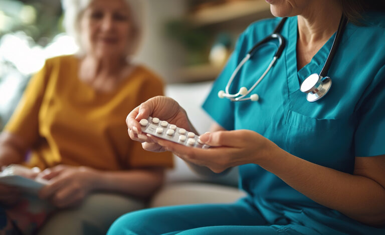 Eine Pflegekraft hält ein Tablettenblister für eine ältere Dame, die neben ihr sitzt, in den Händen.