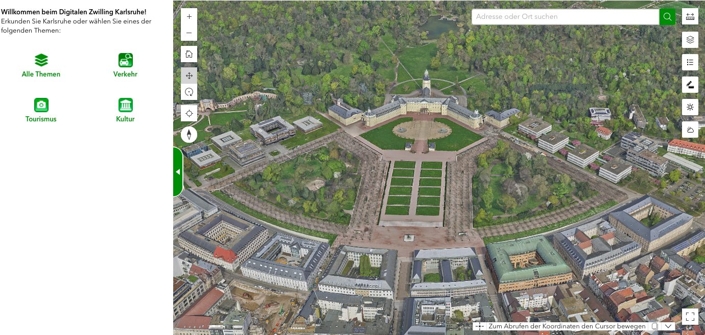 Screenshot vom Digitalen Zwilling der Stadt Karlsruhe.