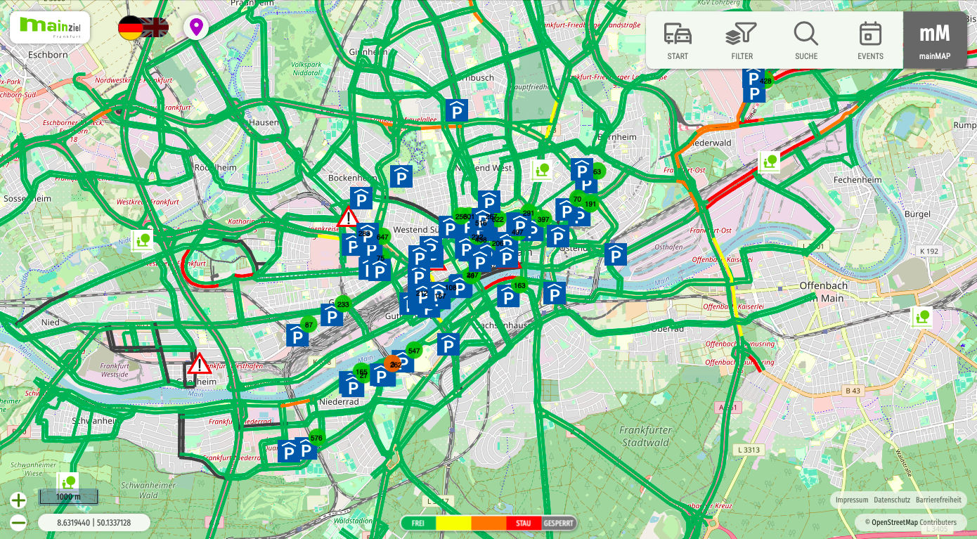 Screenshot der digitalen Karte auf Mainziel.de, welche die Parkhäuser der Stadt anzeigt.