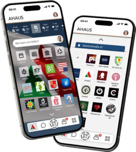 Zwei Smartphones zeigen auf ihren Bildschirmen die Ahauser SuperApp an.