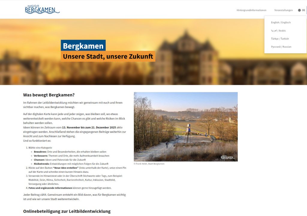 Screenshot Bergkamen mehrsprachige Onlinebeteiligungsplattform
