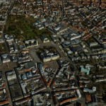 3D-Modell zeigt Darmstadt aus der Vogelperspektive.