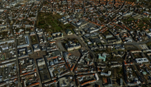 3D-Modell zeigt Darmstadt aus der Vogelperspektive.