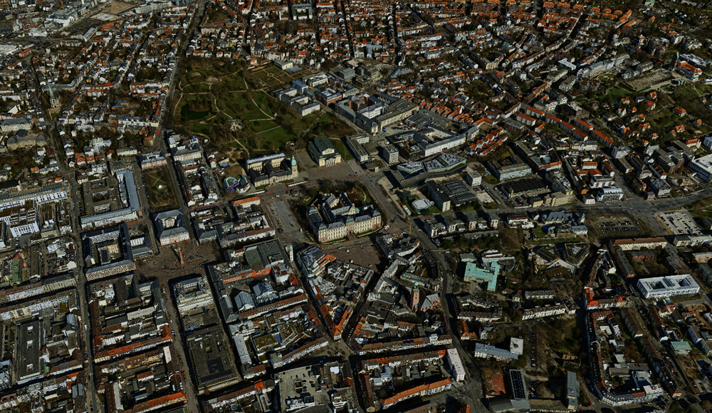 3D-Modell zeigt Darmstadt aus der Vogelperspektive.