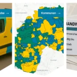 Drei nebeneinander stehende Bilder zeigen einen Handwerker, der an ein Betriebsfahrzeug gelehnt steht, eine Landkarte, auf der die Gültigkeitsbereiche des HWPA zu sehen sind und ein Musterbeispiel der ausgedruckten Ausnahmegenehmigung.