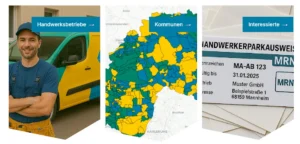 Drei nebeneinander stehende Bilder zeigen einen Handwerker, der an ein Betriebsfahrzeug gelehnt steht, eine Landkarte, auf der die Gültigkeitsbereiche des HWPA zu sehen sind und ein Musterbeispiel der ausgedruckten Ausnahmegenehmigung.