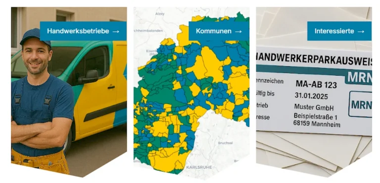 Drei nebeneinander stehende Bilder zeigen einen Handwerker, der an ein Betriebsfahrzeug gelehnt steht, eine Landkarte, auf der die Gültigkeitsbereiche des HWPA zu sehen sind und ein Musterbeispiel der ausgedruckten Ausnahmegenehmigung.