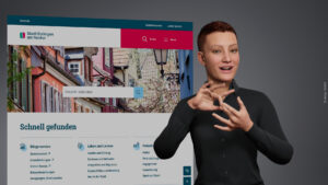 I-Avatar der Stadt Esslingen am Neckar, der Gebärdensprache nutzt, vor der städtischen Website.