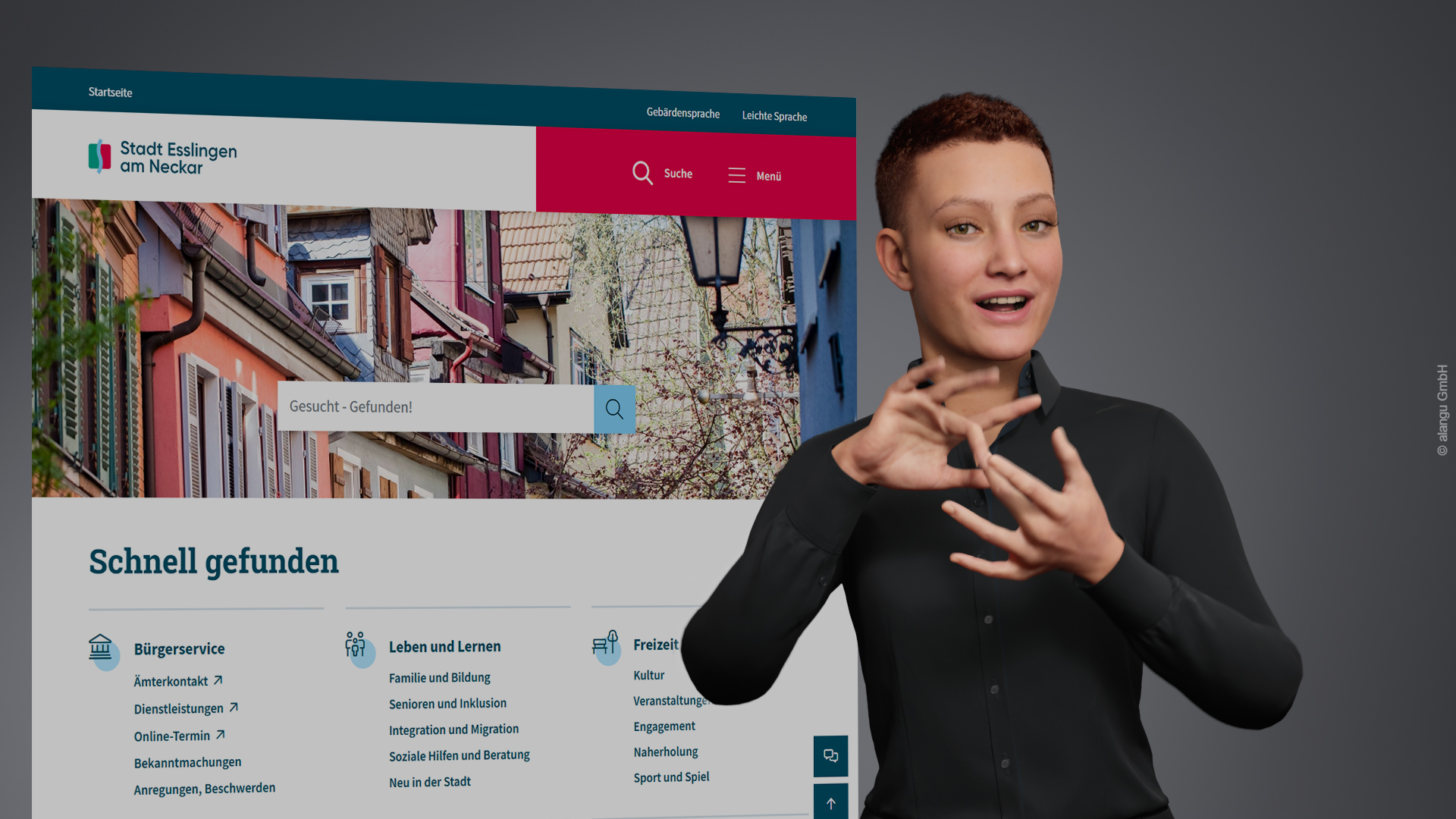 I-Avatar der Stadt Esslingen am Neckar, der Gebärdensprache nutzt, vor der städtischen Website.