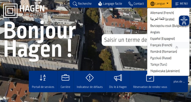 Screenshot der Webseite von Hagen in der französischen Version