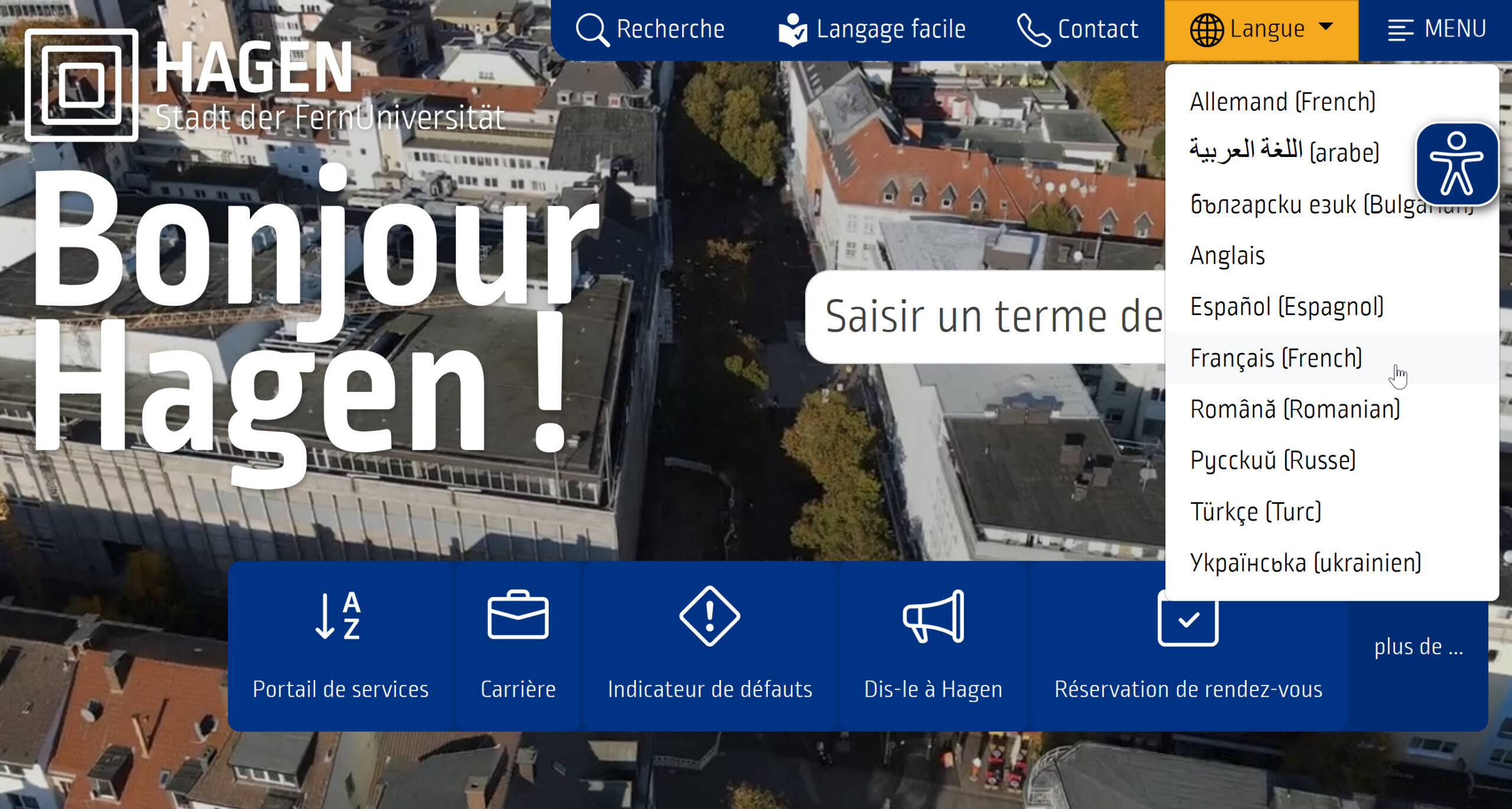 Screenshot der Webseite von Hagen in der französischen Version