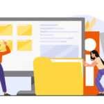 Vektorgrafik, die zwei Personen zeigt, die in einem Archiv mit papierbasierten und digitalen Registern arbeiten.