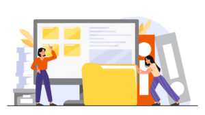 Vektorgrafik, die zwei Personen zeigt, die in einem Archiv mit papierbasierten und digitalen Registern arbeiten.