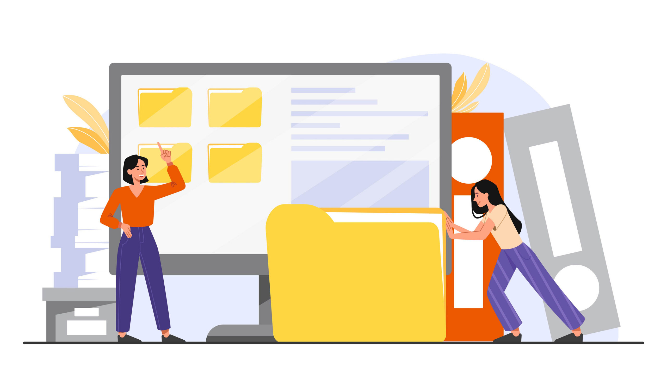 Vektorgrafik, die zwei Personen zeigt, die in einem Archiv mit papierbasierten und digitalen Registern arbeiten.